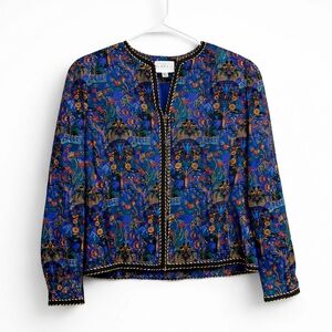 Adrianna Papell 100% Silk Jacket Womens Size 12 Blue Art Print Floral Button Up